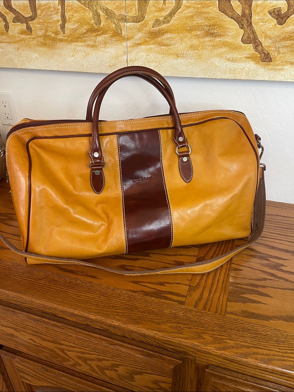 MARISA Leather Travel Duffel BOWLING STYLE Bag in Tan with Brown Accent